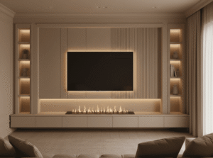 A chic living room showcasing a media wall with textured panels, fluted slats, and integrated shelving, all unified in a warm, neutral colour for a 'colour drenched' effect, featuring a TV with soft backlighting and an electric fireplace.