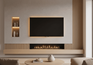 A cozy living room at dusk, showcasing a modern media wall with smart LED halo lighting around the television and warm shelf lighting, illuminating decorative objects and complementing a realistic electric fireplace.