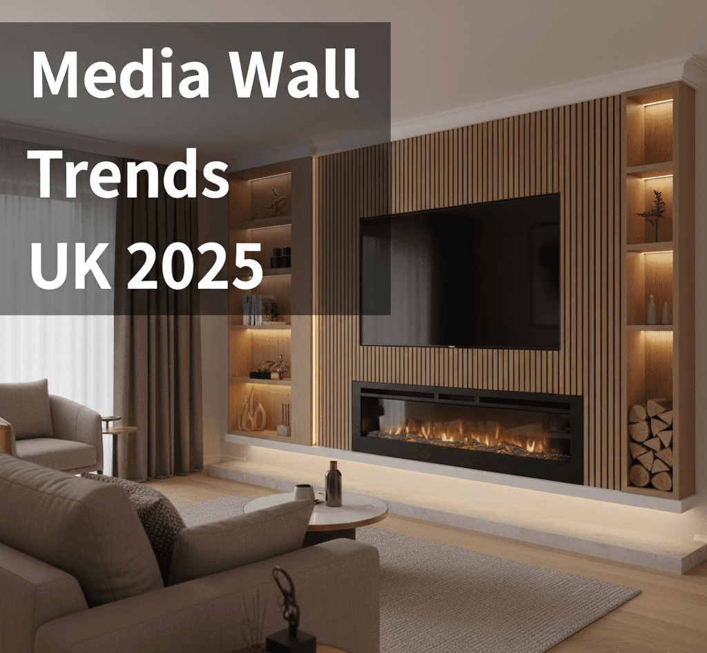 A modern UK living room featuring a media wall with a TV, linear electric fireplace, and integrated log storage. The image has a light black overlay with white text "Media Wall Trends UK 2025" in the upper left corner, highlighting the article's topic.