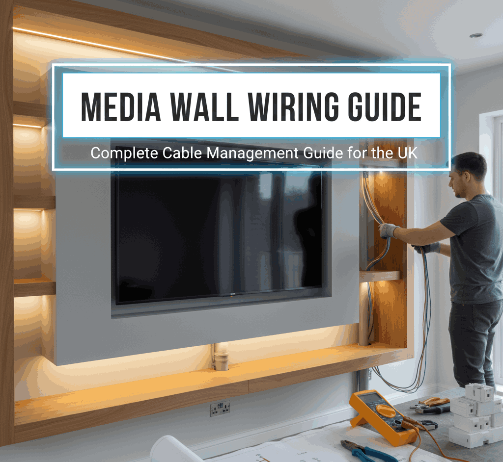 Feature image showing a dark, modern background with the text "Media Wall Wiring Guide," overlaying tools and organized wiring components.