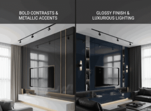 A split image demonstrating "Bold Contrasts for a Statement Wall." The left side shows a charcoal grey glossy media wall with gold metallic accents, a large TV, and a white floating console, highlighting a "Pro Tip: Use glossy finish for richness." The right side shows a deep navy glossy media wall with integrated shelving, a TV, and a matching console in a more luxurious setting with dark furniture and focused lighting.