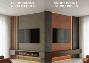 A split image showcasing "Earthy Tones for Organic Charm." The left side displays a media wall in olive green and light wood paneling, featuring a long fireplace unit and a brown armchair. The right side displays a media wall in terracotta and dark stone finishes, with a dark wooden console and a yellow armchair. Both scenes exude a warm, natural aesthetic.