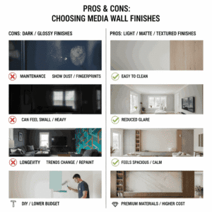 A comparison graphic titled "Pros & Cons: Choosing Media Wall Finishes." The "Cons: Dark / Glossy Finishes" column shows examples of fingerprints on a dark surface, screen glare on a dark glossy TV wall, a bold geometrically patterned wall feeling heavy, and a person painting, indicating trends changing. The "Pros: Light / Matte / Textured Finishes" column shows clean surfaces, reduced glare in a bright room, a spacious light-toned media wall, and premium materials like marble, representing easy maintenance, reduced glare, spacious feel, and longevity/premium.