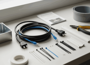 Assortment of media wall wiring components including HDMI and Ethernet cables, power cords, and cable management accessories.