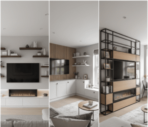 A space-saving media wall layout featuring a wall-mounted TV, a long electric fireplace, and minimalist floating shelves to one side, perfect for a small room.