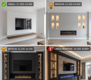 A collage comparing a small, medium, and large media wall, with their UK cost ranges: Small £1,200-£2,500, Medium £2,500-£4,500, Large £4,500-£8,000+.