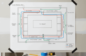 Diagram showing the planned layout and routing of data and power cables within a wall structure for a TV and media setup.