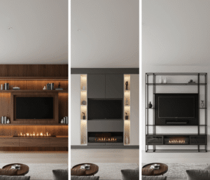 Close-up of a modern media wall made from smooth grey and white MDF, with warm wood-accented floating shelves and an integrated electric fireplace.