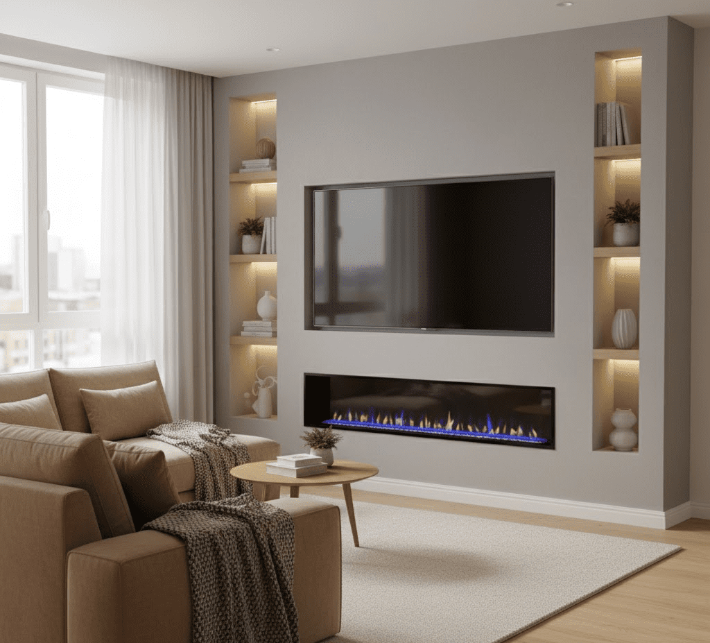A cozy living room featuring a corner media wall with a fireplace, a TV, and shelves with decorative items, optimizing space in a smaller room.