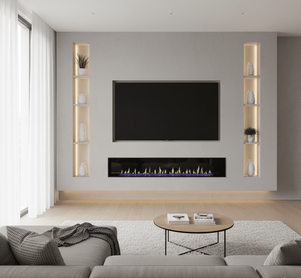 A modern living room with a floating media wall, featuring a mounted TV and a long, sleek fireplace beneath it, creating an open and minimalist aesthetic.