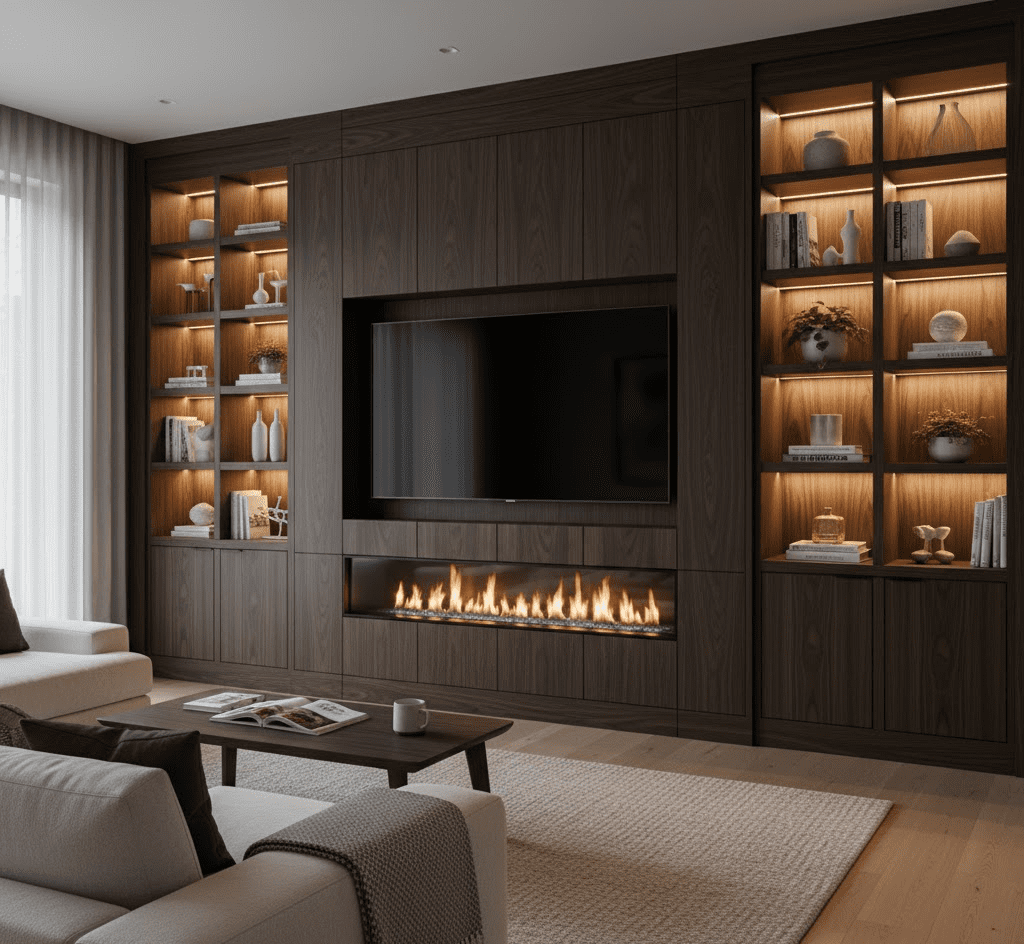 A luxurious living room showcasing a built-in media wall with a fireplace, seamlessly integrated into custom cabinetry and shelving for a sophisticated look.