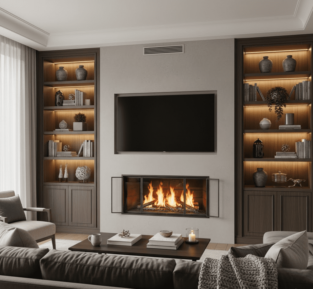 A sophisticated living room featuring a gas fireplace with natural-looking flames integrated into a media wall, surrounded by elegant decor, highlighting its realistic appeal and warmth.