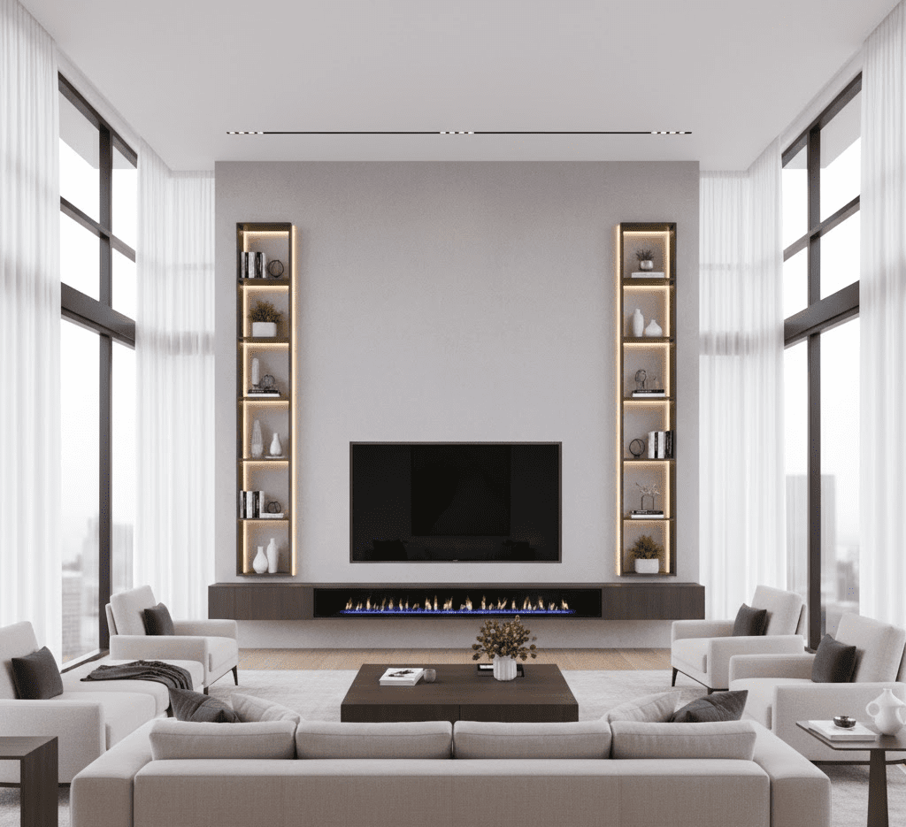 A spacious, modern open-plan living room with a centrally positioned media wall featuring a sleek electric fireplace below a large TV, serving as the main focal point with ample surrounding space.