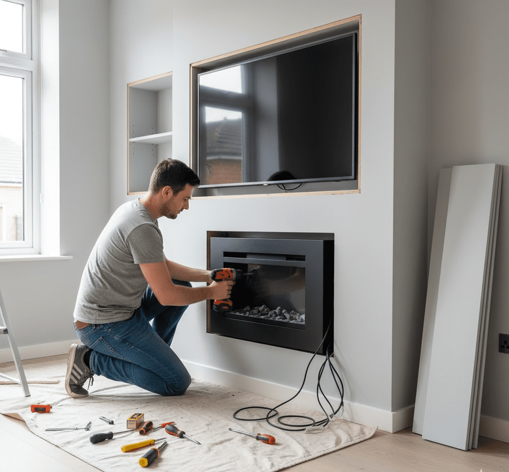 A homeowner installing an electric fireplace below a mounted TV on a media wall, demonstrating a DIY approach with basic tools in a bright living space.