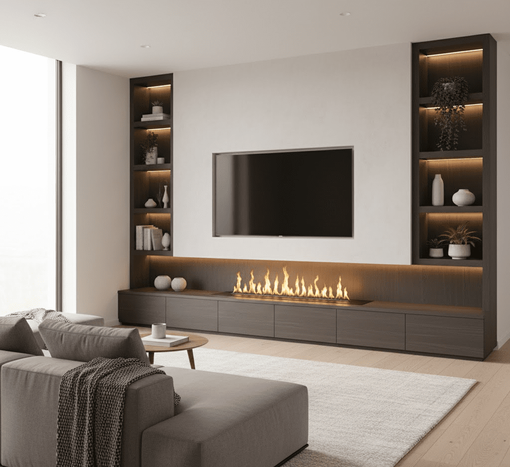 A contemporary living room with a sleek media wall integrating a bio-ethanol fireplace, showcasing its clean-burning flames and modern design, ideal for smaller, eco-conscious spaces.