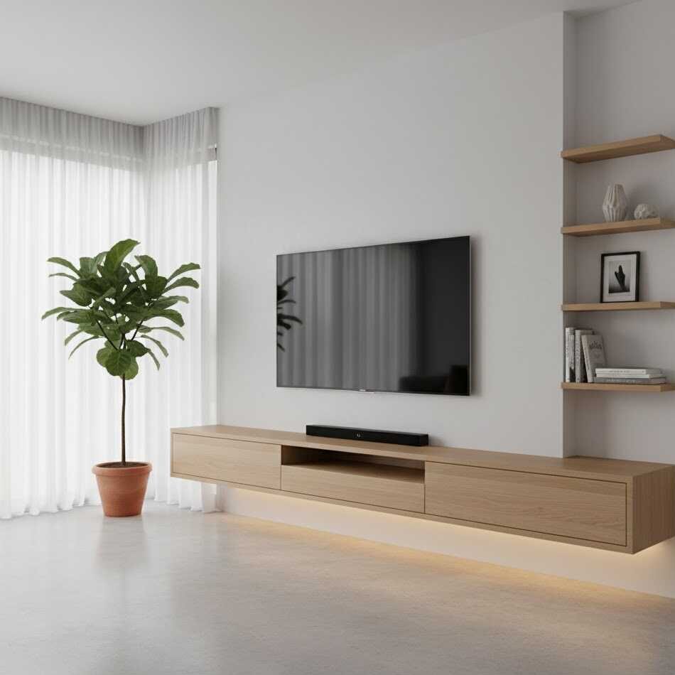 A minimalist light-wood floating media unit mounted on a clean white wall.