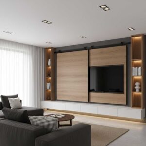 A sleek media wall with sliding panels used to conceal the TV when not in use.