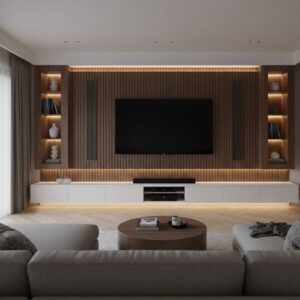 A close-up view of a textured walnut slatwall media wall, adding depth to the design.