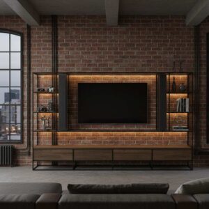 An industrial-style media wall featuring exposed brick and metal shelving.