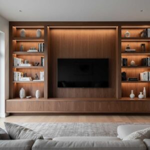 A media wall with a central TV, flanked by large, built-in bookshelves.