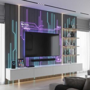A media wall with integrated smart LED backlighting, creating a cinematic atmosphere.
