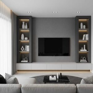 A sophisticated monochrome media wall designed in sleek black and white finishes.