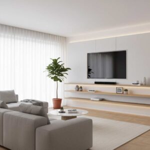 A wall-mounted TV with simple, clean floating shelves installed underneath for a minimalist look.