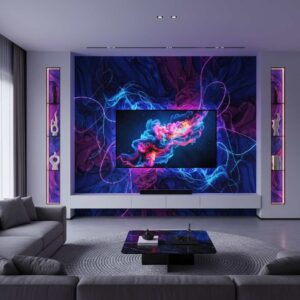 A bold media wall featuring a vibrant colour or artistic wallpaper, making it the room's focal point.