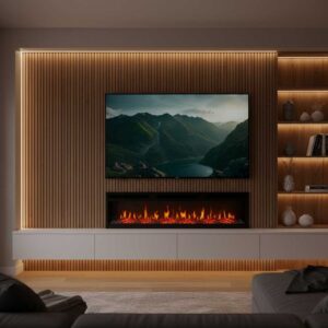 A cozy media wall with a large TV mounted above a long, built-in electric fireplace.