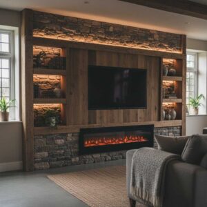 A rustic media wall combining natural stone and warm reclaimed wood, with built-in shelves.