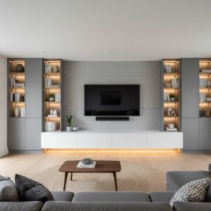 A modern grey and white media wall with ample closed storage cabinets and illuminated bookshelves.