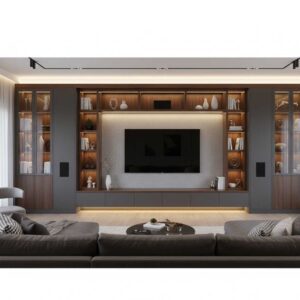 A grand, wall-to-wall media unit with glass cabinets and extensive shelving surrounding the TV.