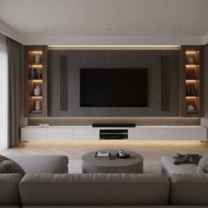 A high-tech media wall with vertically integrated speakers flanking the TV against a marble backdrop.