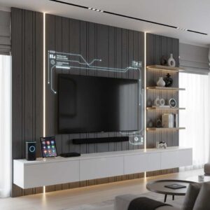 A futuristic media wall showing smart home device icons and a voice assistant speaker.