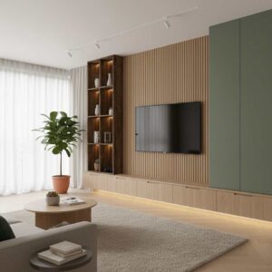 An eco-friendly media wall made from sustainable bamboo slats and a sage green cabinet.
