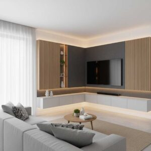 A space-saving corner media wall unit with wood slats and grey panels, fitting neatly into the room.