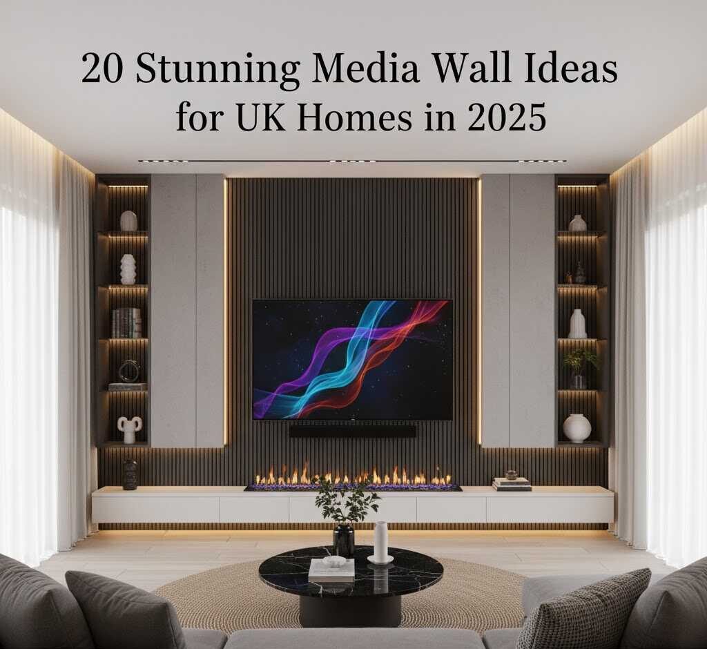 Title "20 Stunning Media Wall Ideas for UK Homes in 2025" overlaid on a stylish media wall with wood slats and a fireplace.