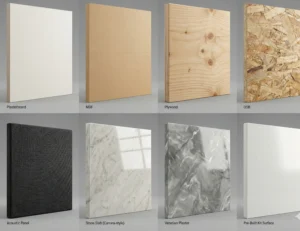 Grid collage comparing media wall building materials including plasterboard, MDF, plywood, OSB, acoustic panels, stone, Venetian plaster, and pre-built kit surfaces for texture analysis.