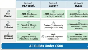 A comparison grid graphic comparing three media wall options across columns labeled: "Option 1: IKEA BESTÅ", "Option 2: B&Q DIY", and "Option 3: Hybrid". Rows compare "Cost," "Time," and "Skill Level" for each option. A banner at the bottom reads "All Builds Under £500".