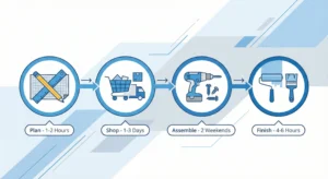 A horizontal timeline infographic showing four distinct project stages connected by arrows. Stage 1: Plan (pencil and ruler icon, 1-2 Hours); Stage 2: Shop (shopping cart and truck icon, 1-3 Days); Stage 3: Assemble (drill and screws icon, 2 Weekends); Stage 4: Finish (paint roller icon, 4-6 Hours).