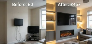 A realistic split-screen photograph showing a living room transformation. The left side, labeled "Before: £0", shows a plain wall with messy black cables hanging from a small TV. The right side, labeled "After: £457", shows a stunning grey built-in media wall with hidden cables, a mounted TV, a glowing electric fireplace, and integrated LED strip lighting.