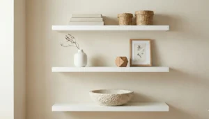 Scandinavian 5-3-1 styling rule demonstrated on three white floating shelves