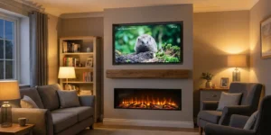 A professional photograph of a cozy living room at night. A large TV displaying nature content is mounted above a linear electric fireplace with realistic flames. A thick oak mantel beam is positioned between the TV and the fire, demonstrating proper clearance. Warm ambient lighting from lamps illuminates a grey sofa and bookshelves.