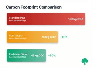 A horizontal bar chart comparing the carbon footprint of three materials. Top bar: Standard MDF at 150kg CO2 (red). Middle bar: FSC Timber at 90kg CO2, showing a 40% saving (amber). B