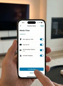 A close-up photograph of a hand holding an iPhone displaying the Amazon Alexa app interface. The screen shows a "Movie Time" routine setup with active toggles for "Dim Lights to 10%", "Turn On TV", "Set Soundbar Volume 35%", and "Activate Fireplace". A finger is tapping the blue "Save Routine" button. The background is a blurred modern living room with a media wall.