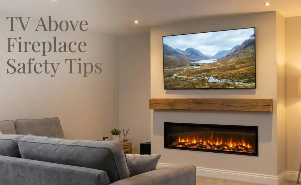 Feature image with the text "TV Above Fireplace Safety Tips" overlaid in the top left corner. The photograph shows a contemporary living room with a large television mounted safely above a linear electric fireplace, separated by a thick wooden mantel beam which acts as a heat barrier. Warm ambient lighting creates a cozy atmosphere around a grey sofa in the foreground.