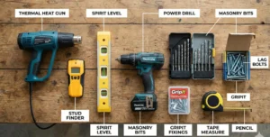 A professional overhead photograph showing a collection of installation tools arranged neatly on a rustic wooden surface. Each tool is clearly identified with a white label: a blue thermal heat gun, a yellow stud finder, a yellow spirit level, a cordless power drill, two sets of masonry drill bits, a box of lag bolts, a box of GripIt plasterboard fixings, a tape measure, and a pencil. Natural light illuminates the scene.