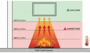 A cross-section infographic showing heat rising from a fireplace source labeled 100°C. Red arrows indicate the heat column, defining a red "DANGER ZONE" with temperatures of 60°C at 20cm and 40°C at 40cm. Above 60cm is a green "SAFE ZONE" labeled 30°C, where a TV is mounted. A thermometer icon shows the temperature gradient.