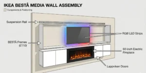 A technical instructional diagram titled "IKEA BESTÅ MEDIA WALL ASSEMBLY". It shows a wall setup with arrows pointing to labeled components: "Suspension Rail" at the top, "BESTÅ Frames (£110)" in the center, "RGB LED Strips" behind the TV, a "50-inch Electric Fireplace", and "Lappviken Doors" on the bottom units.