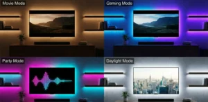 A 2x2 grid displaying the same media wall unit under four different LED lighting conditions: "Movie Mode" with dim warm amber light; "Gaming Mode" with intense blue and purple neon light; "Party Mode" with vibrant pink and cyan audio visualizer light; and "Daylight Mode" with bright cool white light.